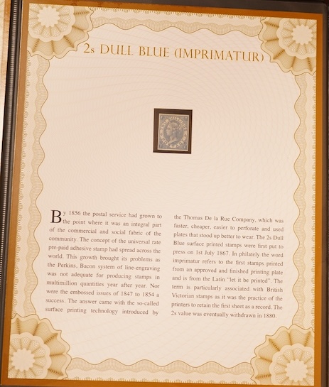 A large collection of stamps in Westminster Collection cases with certificates to include 1856 Queen Victoria 6d Lilac, 1884 10 Shilling ‘Cobalt Blue’ stamp, 1884 Victorian High Value Definitives (2s 6d, 5s, 10s), 1872-7